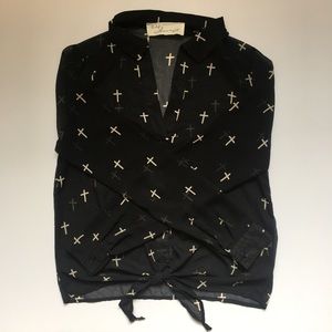Vintage Havana Tops - ✝️ Sheer Black Button-Up Top With Crosses ✝️ Vintage Havana Tops - ✝️ Sheer Black Button-Up Top With Crosses ✝️